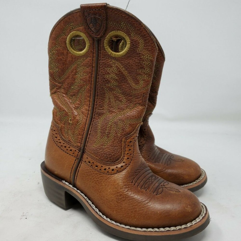 Ariat Kids 8 Heritage Roughstock Brown Cowboy Boot Western Leather Embroidered